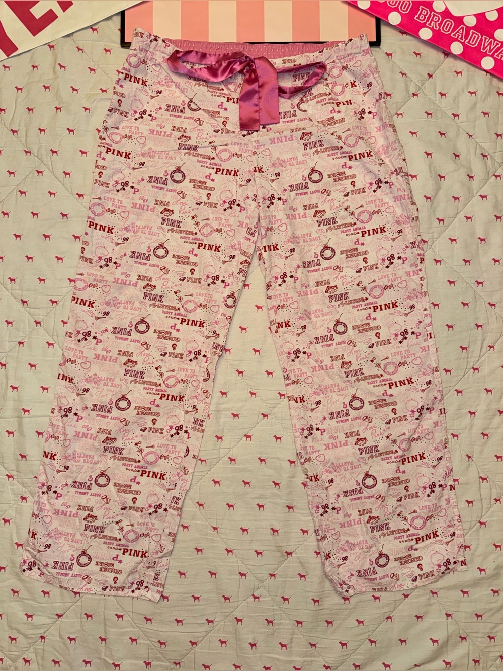VS PINK VINTAGE Y2K WIDE LEG COTTON PAJAMA PJ PANTS A-LISTERS PARTY ANIMAL LOGO